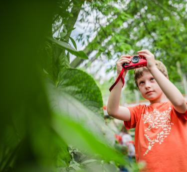 Boy taking photo in Rainforest Biome at Eden Project